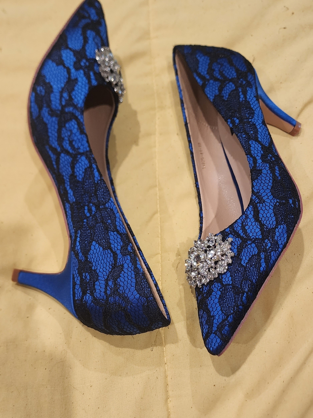 Blue Lace Pointed Toe Heels with Brooch